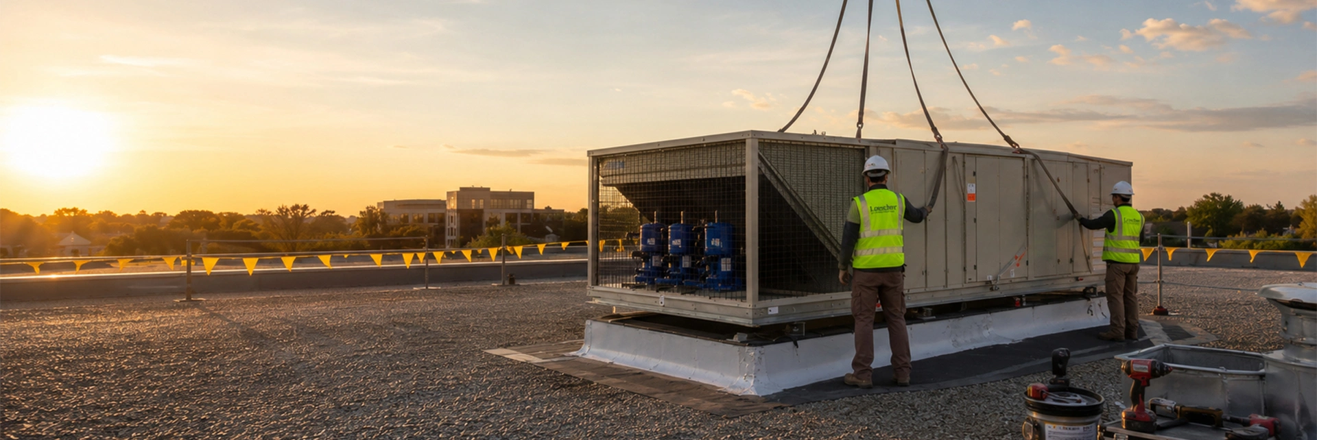 Commercial hvac loescher workers on roof
